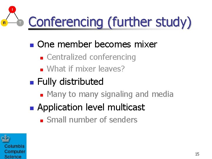 Conferencing (further study) n One member becomes mixer n n n Fully distributed n