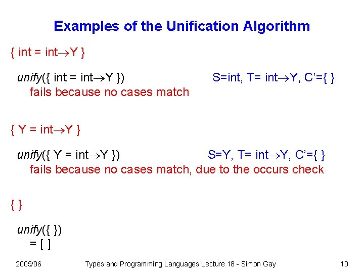 Examples of the Unification Algorithm { int = int Y } unify({ int = Examples of the Unification Algorithm { int = int Y } unify({ int =