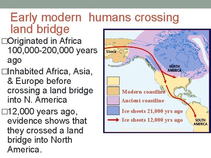 Early modern humans crossing land bridge �Originated in Africa 100, 000 -200, 000 years