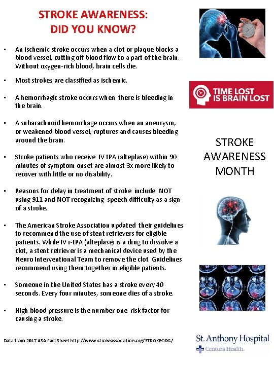 STROKE AWARENESS: DID YOU KNOW? • An ischemic stroke occurs when a clot or