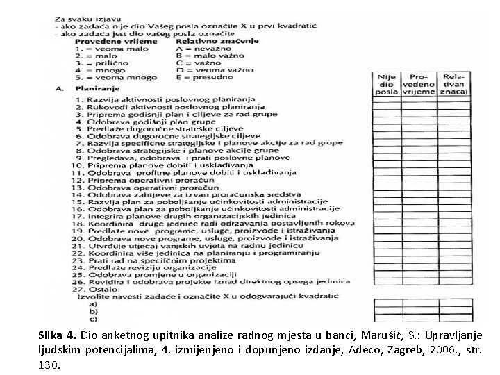 Slika 4. Dio anketnog upitnika analize radnog mjesta u banci, Marušić, S. : Upravljanje