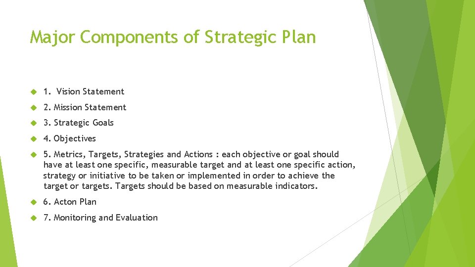 Major Components of Strategic Plan 1. Vision Statement 2. Mission Statement 3. Strategic Goals