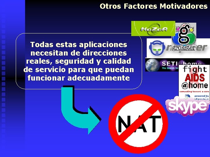 Otros Factores Motivadores Todas estas aplicaciones necesitan de direcciones reales, seguridad y calidad de