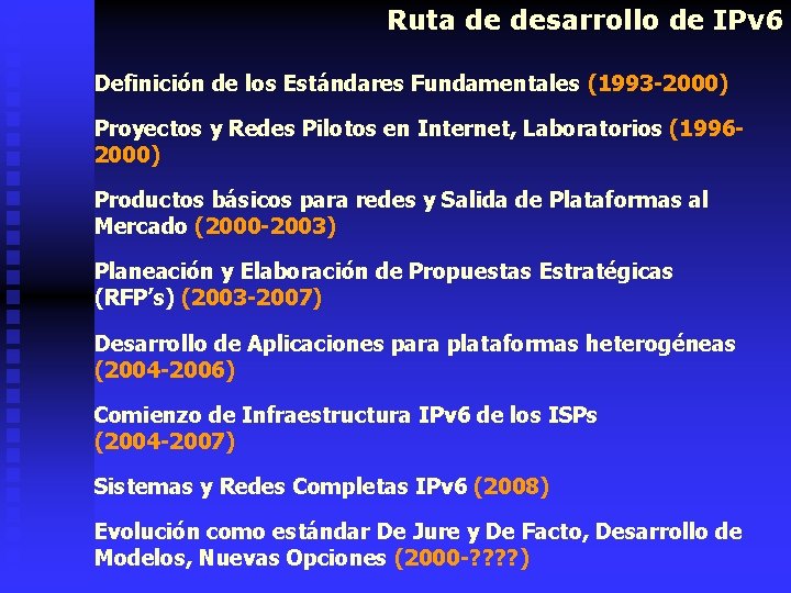 Ruta de desarrollo de IPv 6 Definición de los Estándares Fundamentales (1993 -2000) Proyectos