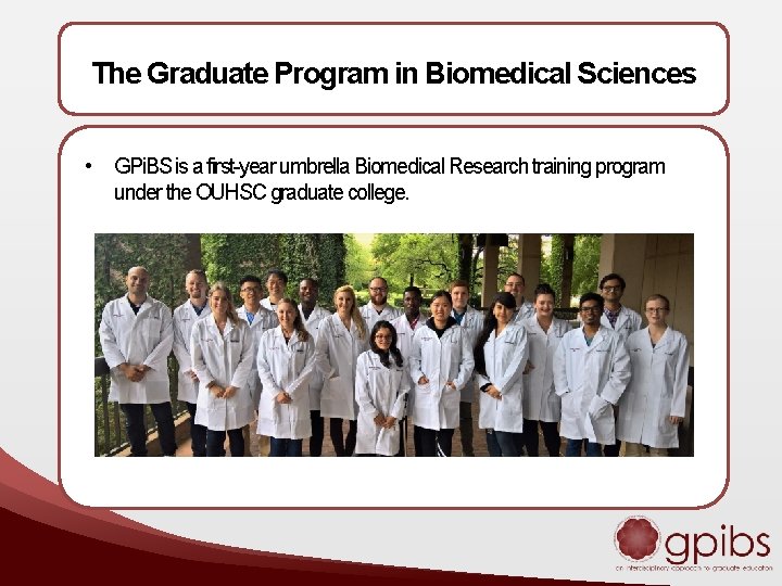 The Graduate Program in Biomedical Sciences • GPi. BS is a first-year umbrella Biomedical