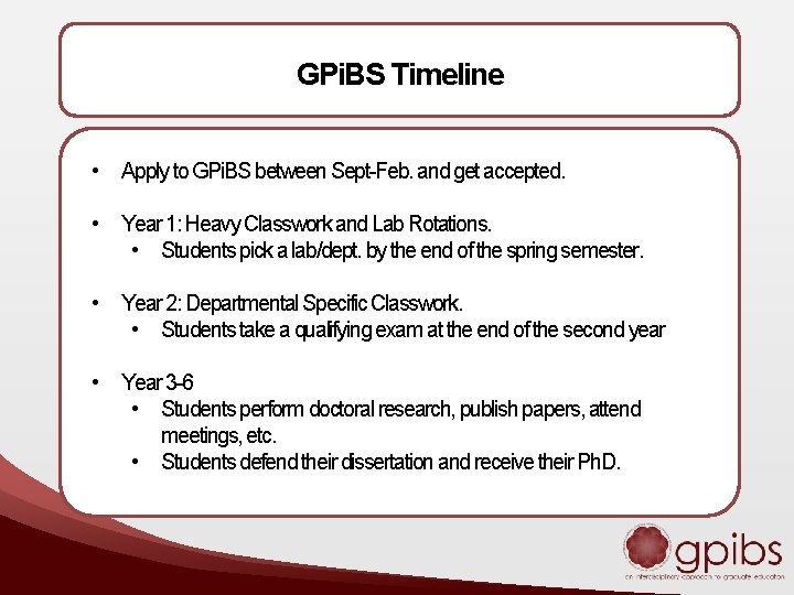 GPi. BS Timeline • Apply to GPi. BS between Sept-Feb. and get accepted. •