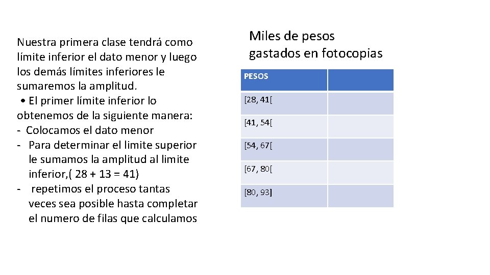 Nuestra primera clase tendrá como límite inferior el dato menor y luego los demás