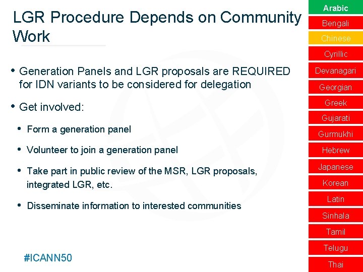 LGR Procedure Depends on Community Text Work Arabic Bengali Chinese Cyrillic • Generation Panels