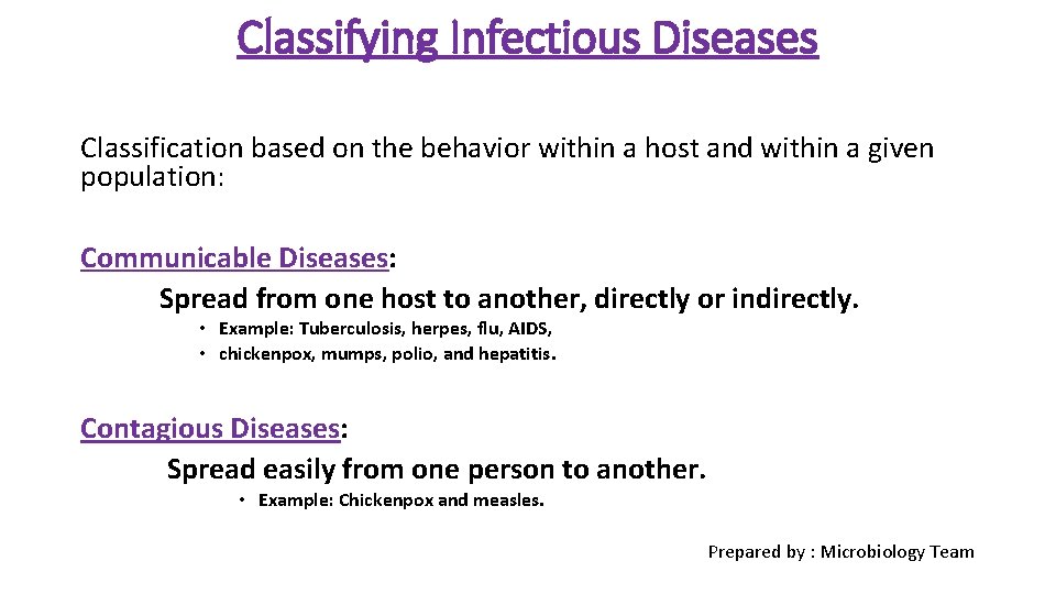 Classifying Infectious Diseases Classification based on the behavior within a host and within a