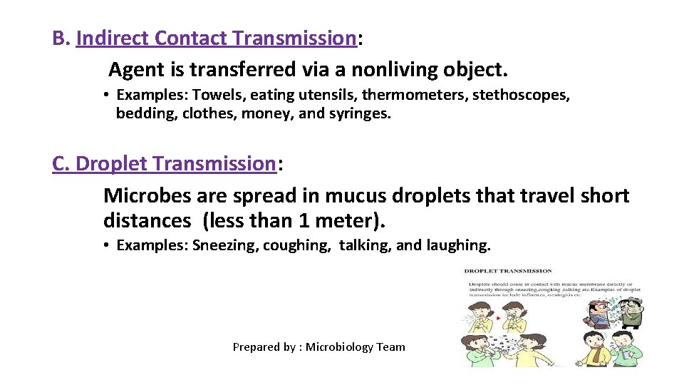 B. Indirect Contact Transmission: Agent is transferred via a nonliving object. • Examples: Towels,
