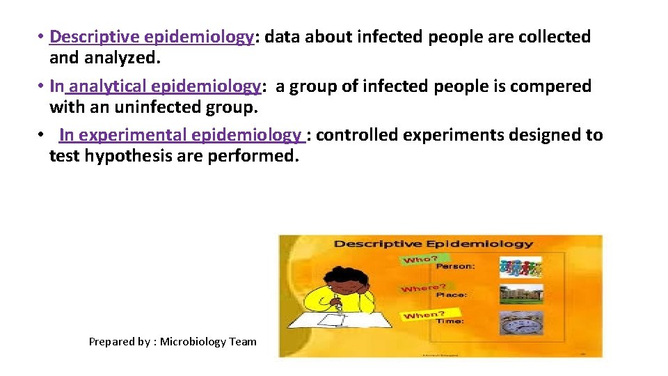  • Descriptive epidemiology: data about infected people are collected analyzed. • In analytical