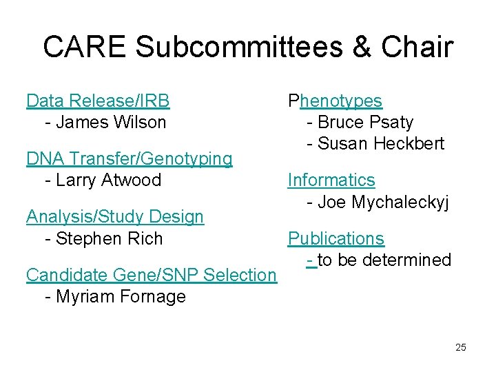 CARE Subcommittees & Chair Data Release/IRB - James Wilson DNA Transfer/Genotyping - Larry Atwood