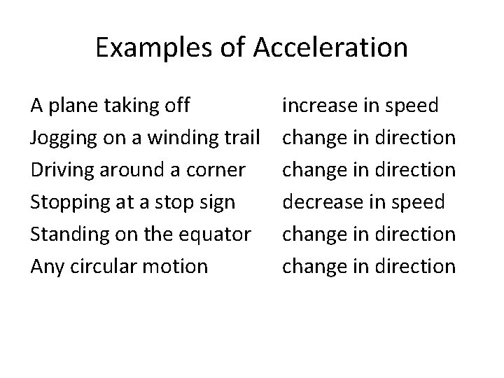 Examples of Acceleration A plane taking off Jogging on a winding trail Driving around
