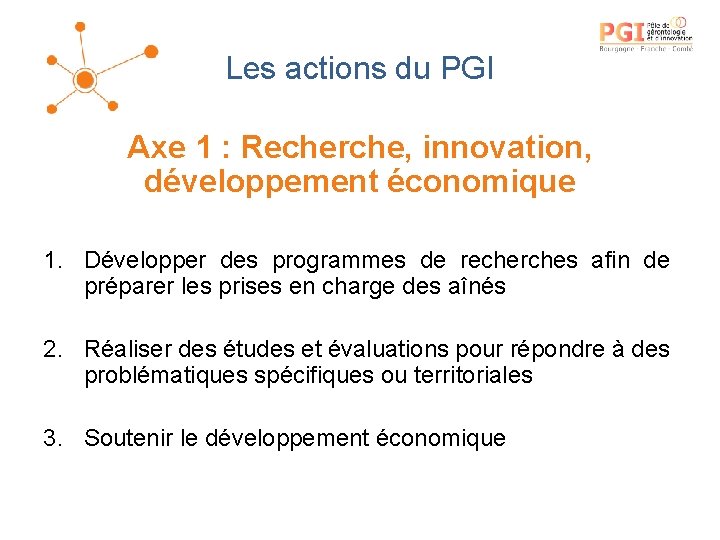 Les actions du PGI Axe 1 : Recherche, innovation, développement économique 1. Développer des