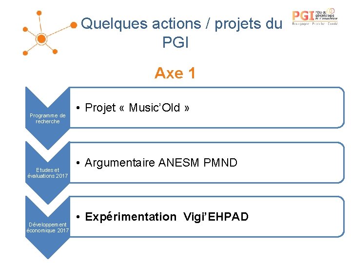 Quelques actions / projets du PGI Axe 1 Programme de recherche Etudes et évaluations