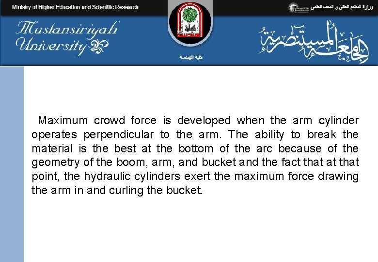 Maximum crowd force is developed when the arm cylinder operates perpendicular to the arm.