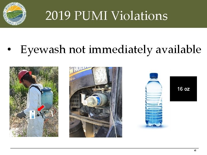 2019 PUMI Violations • Eyewash not immediately available 16 oz 15 