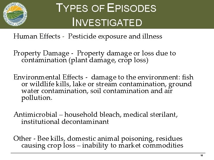 TYPES OF EPISODES INVESTIGATED Human Effects - Pesticide exposure and illness Property Damage -