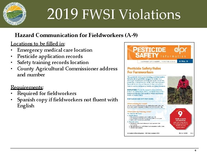 2019 FWSI Violations Hazard Communication for Fieldworkers (A-9) Locations to be filled in: •