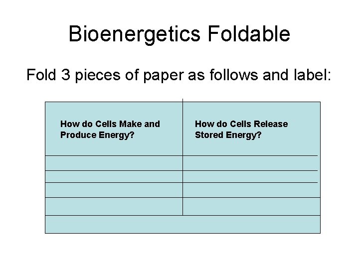 Bioenergetics Foldable Fold 3 pieces of paper as follows and label: How do Cells