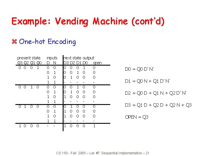 Example: Vending Machine (cont’d) z One-hot Encoding present state Q 3 Q 2 Q