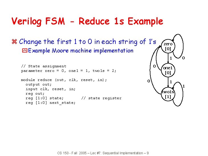 Verilog FSM - Reduce 1 s Example z Change the first 1 to 0