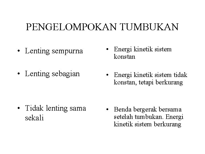 PENGELOMPOKAN TUMBUKAN • Lenting sempurna • Energi kinetik sistem konstan • Lenting sebagian •