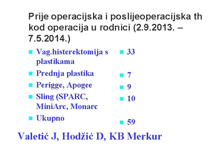 Prije operacijska i poslijeoperacijska th kod operacija u rodnici (2. 9. 2013. – 7.