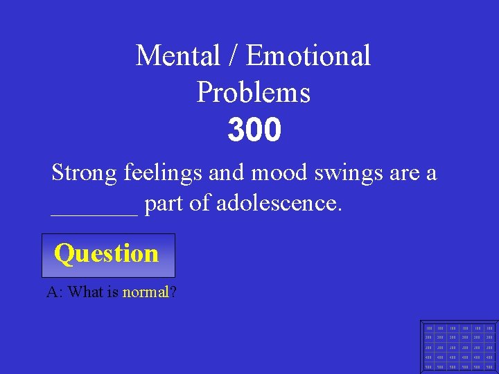 Mental / Emotional Problems 300 Strong feelings and mood swings are a _______ part