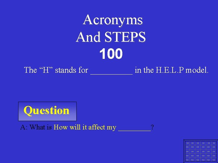 Acronyms And STEPS 100 The “H” stands for _____ in the H. E. L.