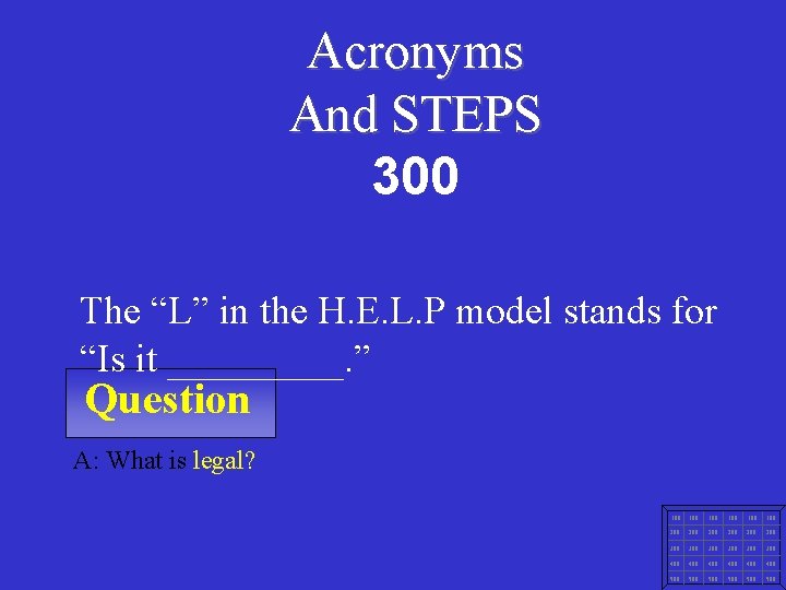 Acronyms And STEPS 300 The “L” in the H. E. L. P model stands