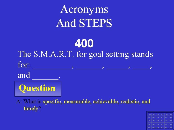 Acronyms And STEPS 400 The S. M. A. R. T. for goal setting stands