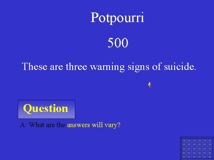 Potpourri 500 These are three warning signs of suicide. Question A: What are the