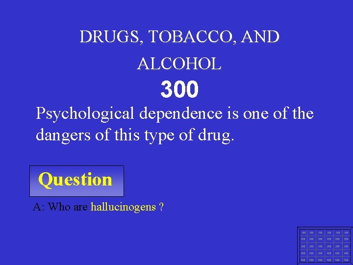 DRUGS, TOBACCO, AND ALCOHOL 300 Psychological dependence is one of the dangers of this