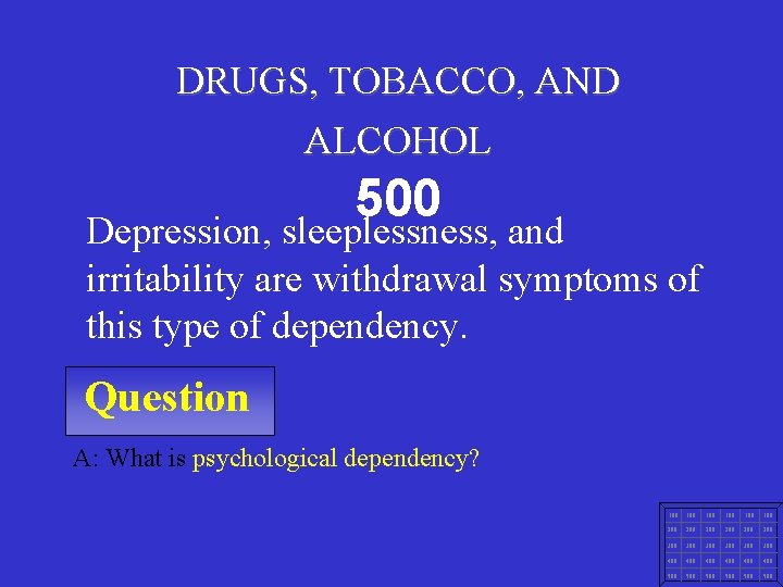DRUGS, TOBACCO, AND ALCOHOL 500 Depression, sleeplessness, and irritability are withdrawal symptoms of this