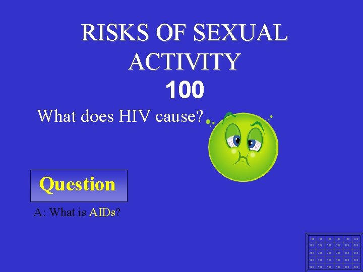 RISKS OF SEXUAL ACTIVITY 100 What does HIV cause? Question A: What is AIDs?
