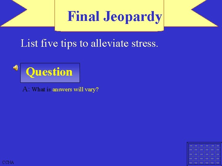 Final Jeopardy List five tips to alleviate stress. Question A: What is answers will