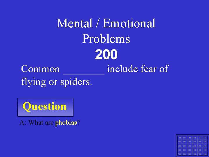 Mental / Emotional Problems 200 Common ____ include fear of flying or spiders. Question