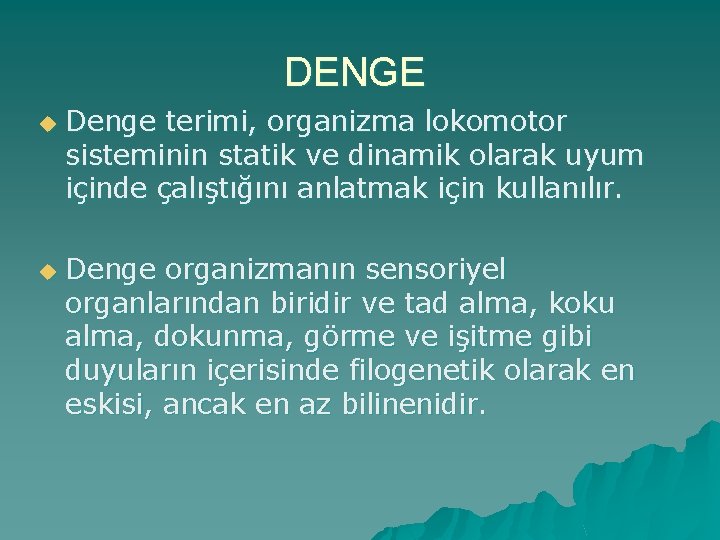 DENGE u u Denge terimi, organizma lokomotor sisteminin statik ve dinamik olarak uyum içinde