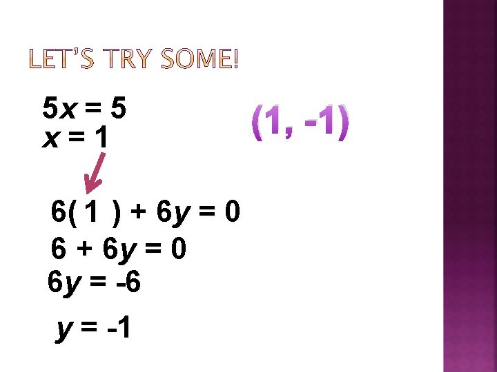 5 x = 5 x=1 6( 1 ) + 6 y = 0 6