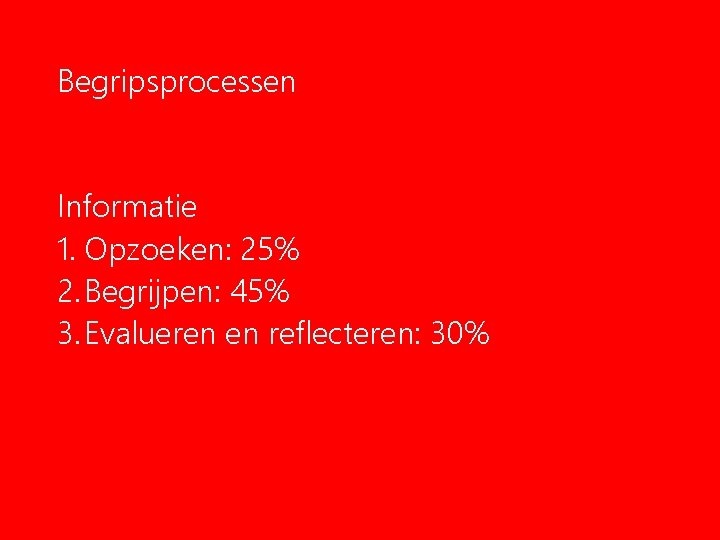 Begripsprocessen Informatie 1. Opzoeken: 25% 2. Begrijpen: 45% 3. Evalueren en reflecteren: 30% Begripsprocessen Informatie 1. Opzoeken: 25% 2. Begrijpen: 45% 3. Evalueren en reflecteren: 30%