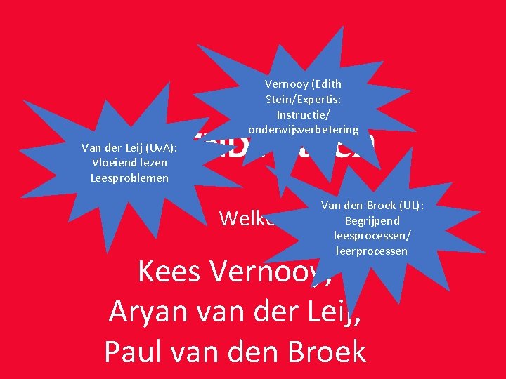 Vernooy (Edith Stein/Expertis: Instructie/ onderwijsverbetering Van der Leij (Uv. A): Vloeiend lezen Leesproblemen Welkom Vernooy (Edith Stein/Expertis: Instructie/ onderwijsverbetering Van der Leij (Uv. A): Vloeiend lezen Leesproblemen Welkom