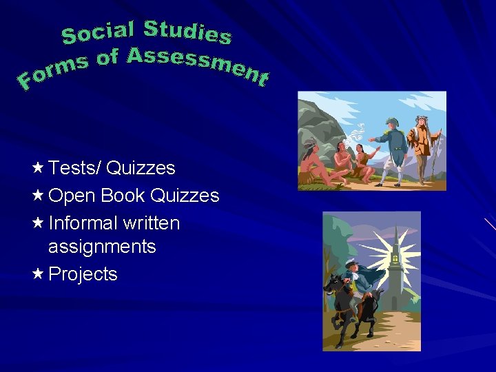  « Tests/ Quizzes « Open Book Quizzes « Informal written assignments « Projects
