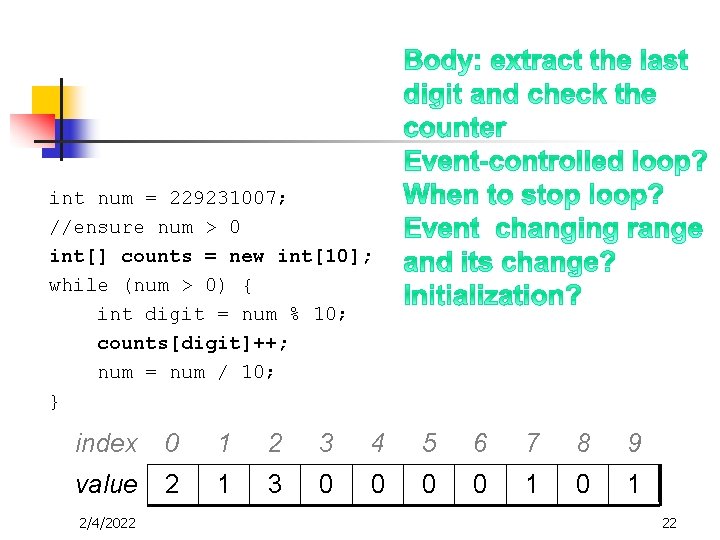 int num = 229231007; //ensure num > 0 int[] counts = new int[10]; while