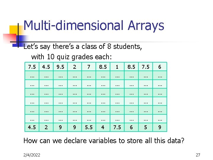 Multi-dimensional Arrays Let’s say there’s a class of 8 students, with 10 quiz grades