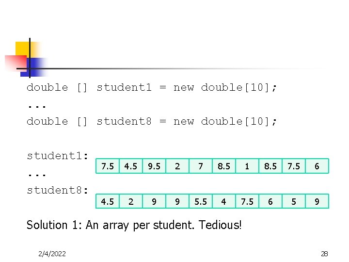 double [] student 1 = new double[10]; . . . double [] student 8