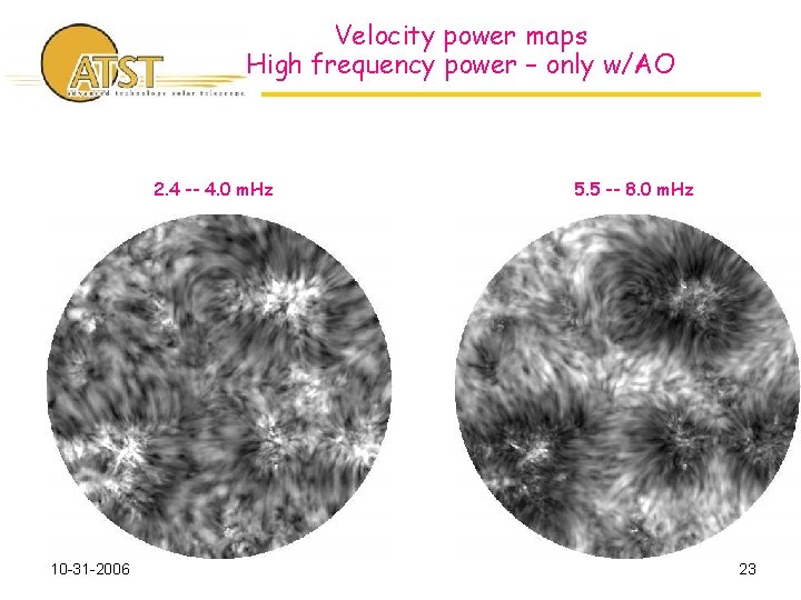 Velocity power maps High frequency power – only w/AO 2. 4 -- 4. 0