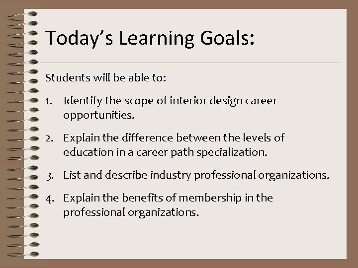 Today’s Learning Goals: Students will be able to: 1. Identify the scope of interior