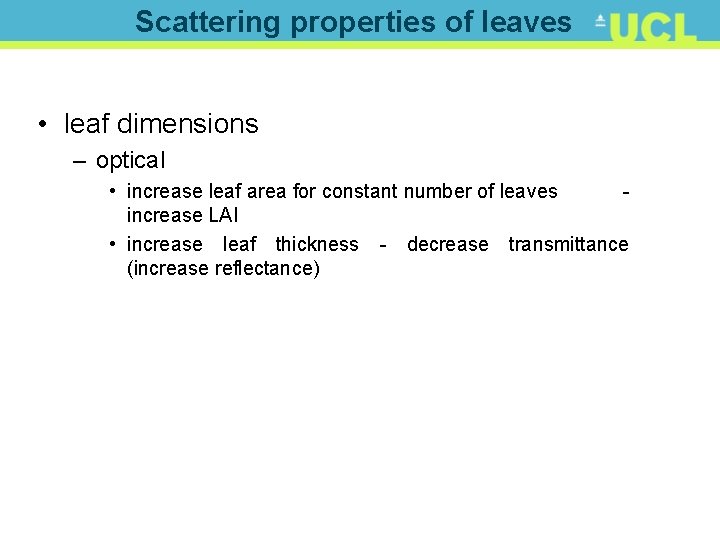 Scattering properties of leaves • leaf dimensions – optical • increase leaf area for