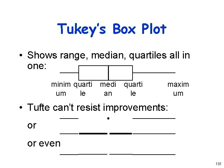 Tukey’s Box Plot • Shows range, median, quartiles all in one: minim quarti um
